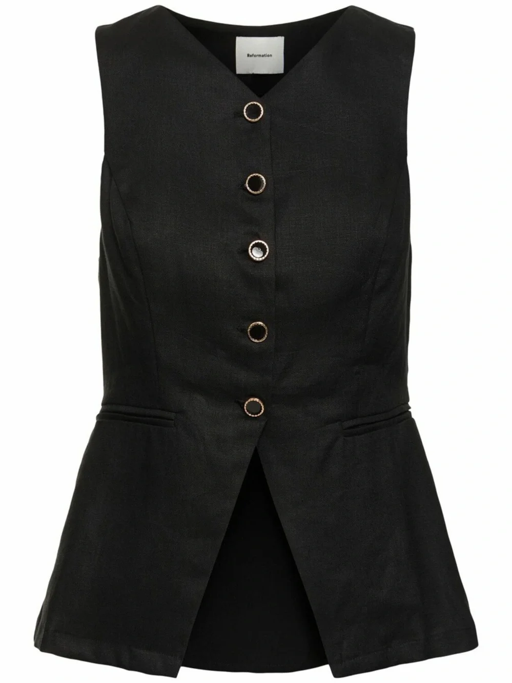 Reformation Aspen Linen Sleeveless Black Button-Front Vest